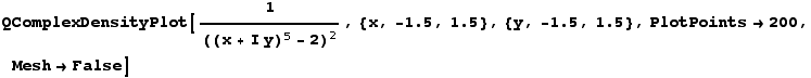 RowBox[{QComplexDensityPlot, [, RowBox[{1/((x + I y)^5 - 2)^2, ,, RowBox[{{, RowBox[{x, ,, Row ... wBox[{y, ,, RowBox[{-, 1.5}], ,, 1.5}], }}], ,, PlotPoints200, ,, MeshFalse}], ]}]