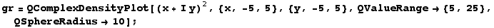 gr = QComplexDensityPlot[(x + I y)^2, {x, -5, 5}, {y, -5, 5}, QValueRange {5, 25}, QSphereRadius10] ;