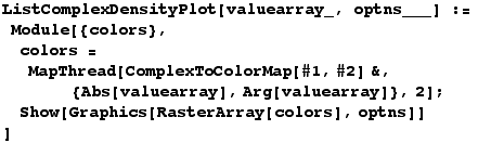 ListComplexDensityPlot[valuearray_, optns___] := <br />  Module[{colors}, <br /> ... aluearray]}, 2] ; <br />    Show[Graphics[RasterArray[colors], optns]] <br />]